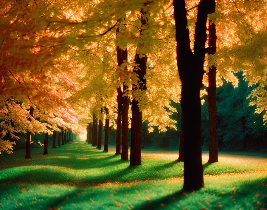 Tranquil autumn pathway with vibrant tree-lined foliage