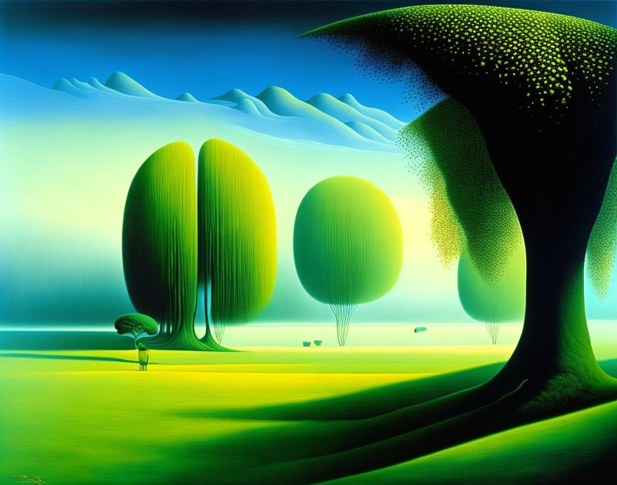 Surreal landscape with stylized trees, gradient skies, green hills, and figure with umbrella