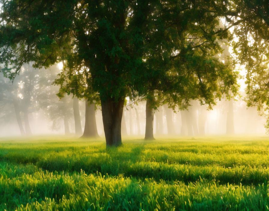 Misty forest at sunrise with golden light on dewy grass