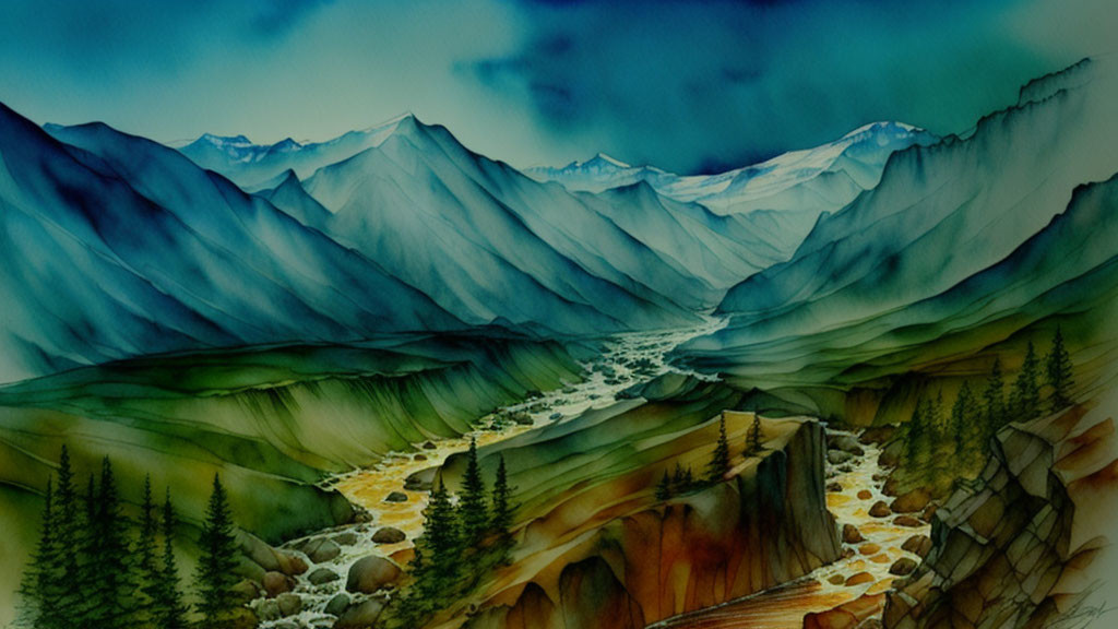 Mountain range and river in serene watercolor art