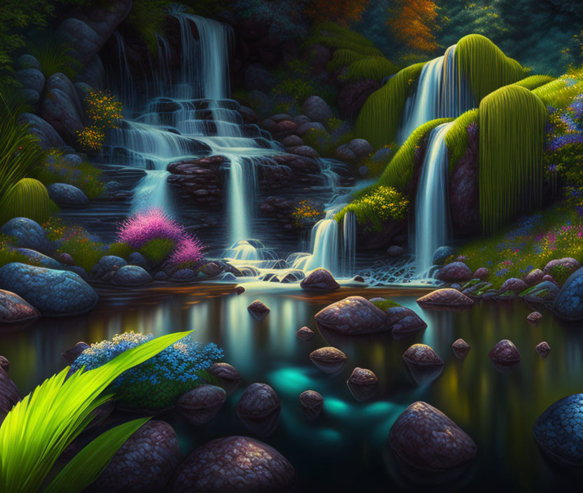 Tranquil waterfall scene with lush vegetation and colorful flowers