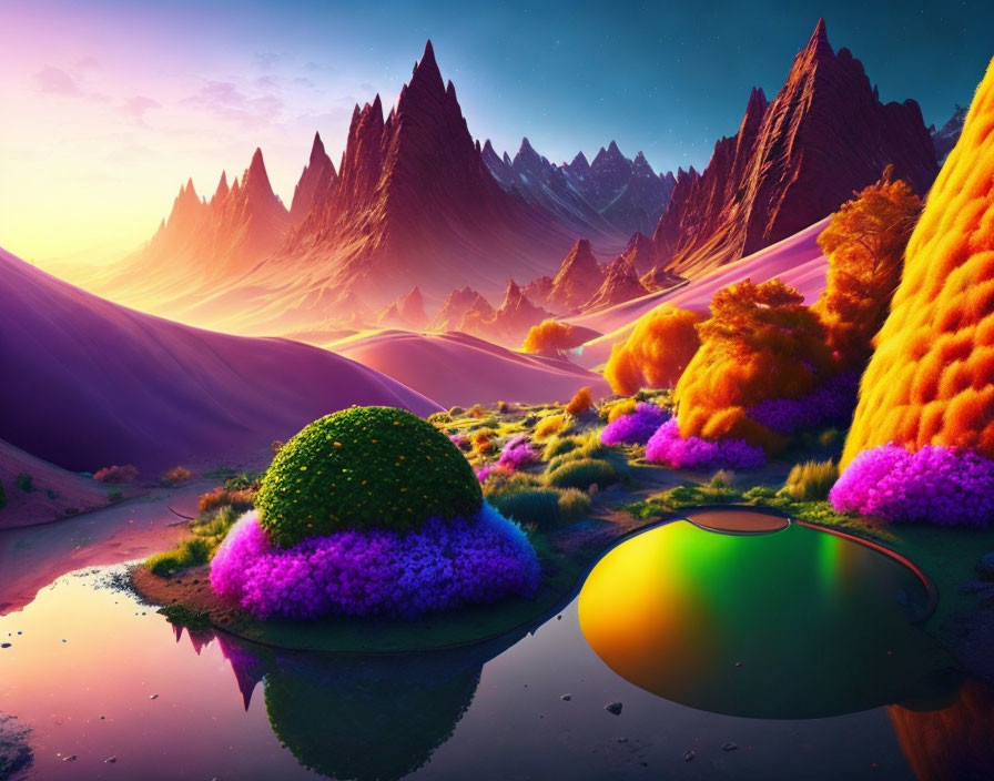 Colorful surreal landscape: purple sand dunes, vibrant flora, oasis, mountains