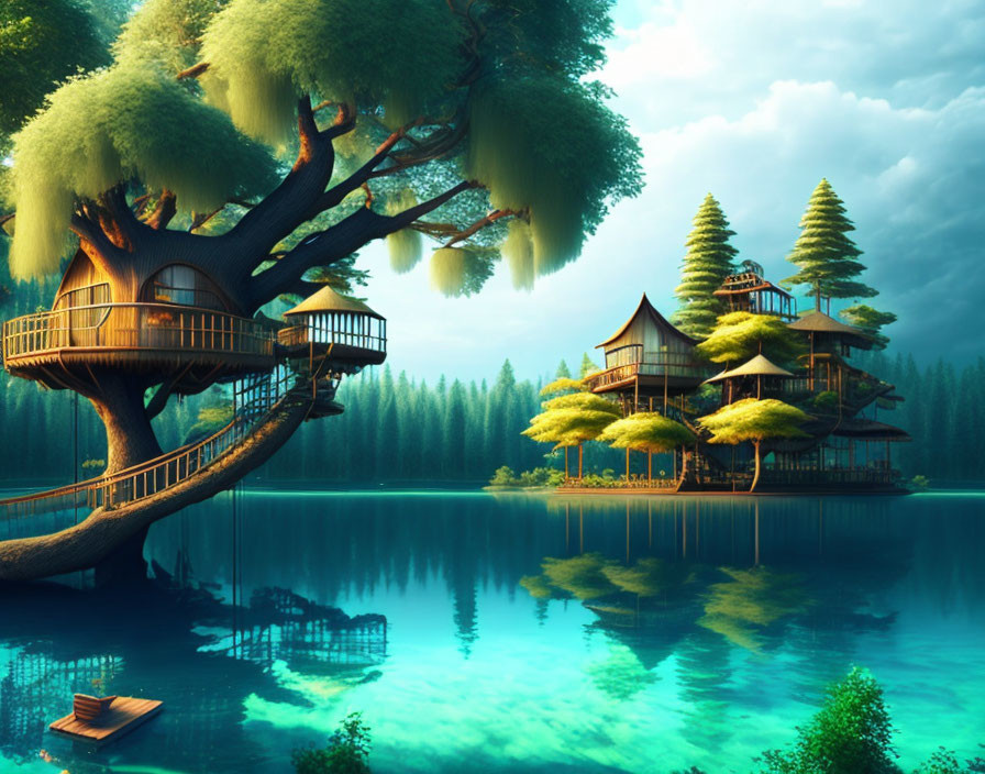 Tranquil lakeside landscape with treehouses and lush greenery