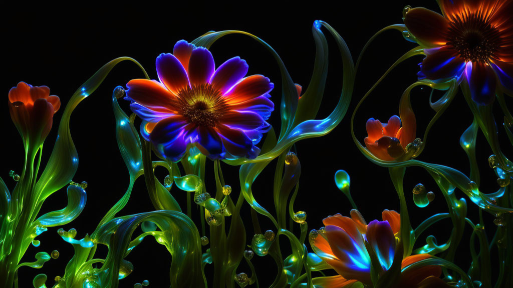 Neon-lit flowers with glowing stems on black background