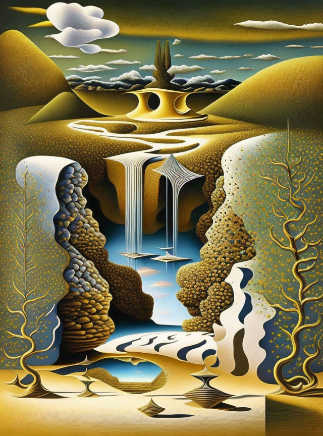 Surreal landscape with waterfall, river, golden vegetation & unique rock formations