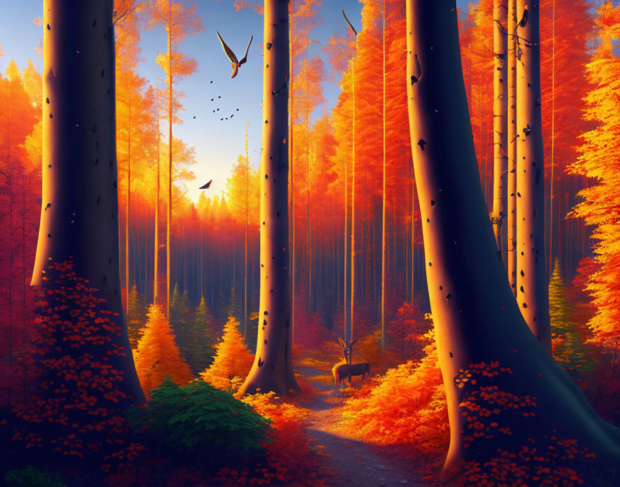 Tranquil Autumn Forest Scene with Deer and Birds in Sunset Light