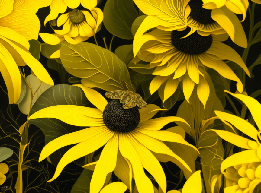 Vibrant yellow stylized sunflowers on dark background with intricate leaf patterns