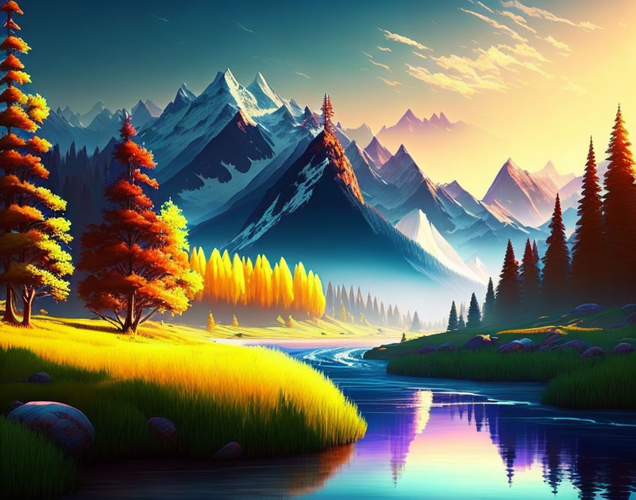 Serene river digital artwork with autumn trees & snow-capped mountains