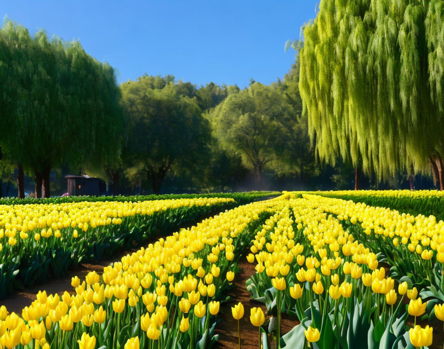 Lush Yellow Tulip Field with Weeping Willows in Background