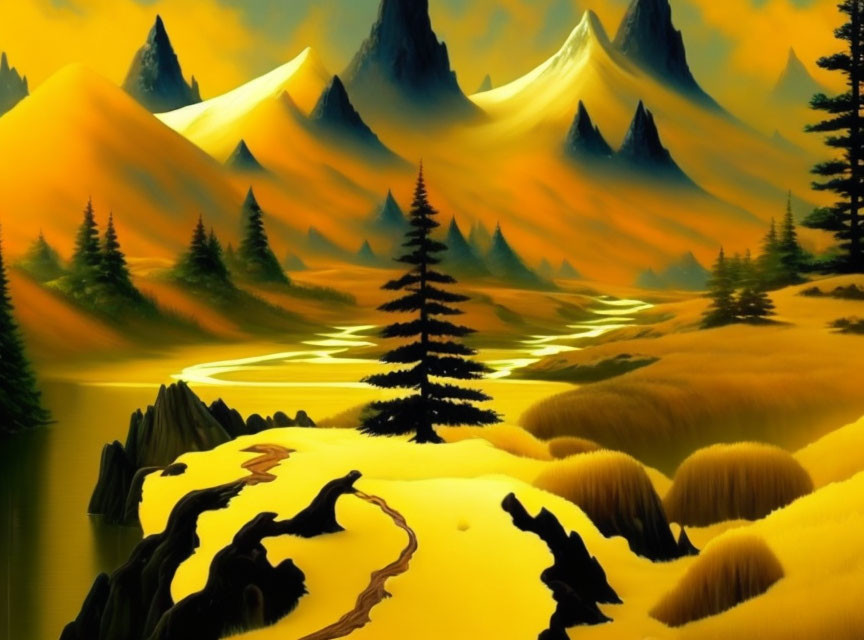 Surreal landscape with golden mountains, river, trees, and hills