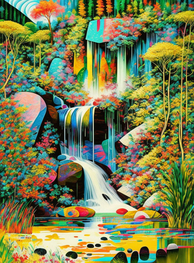 Colorful Psychedelic Waterfall Art in Lush Foliage