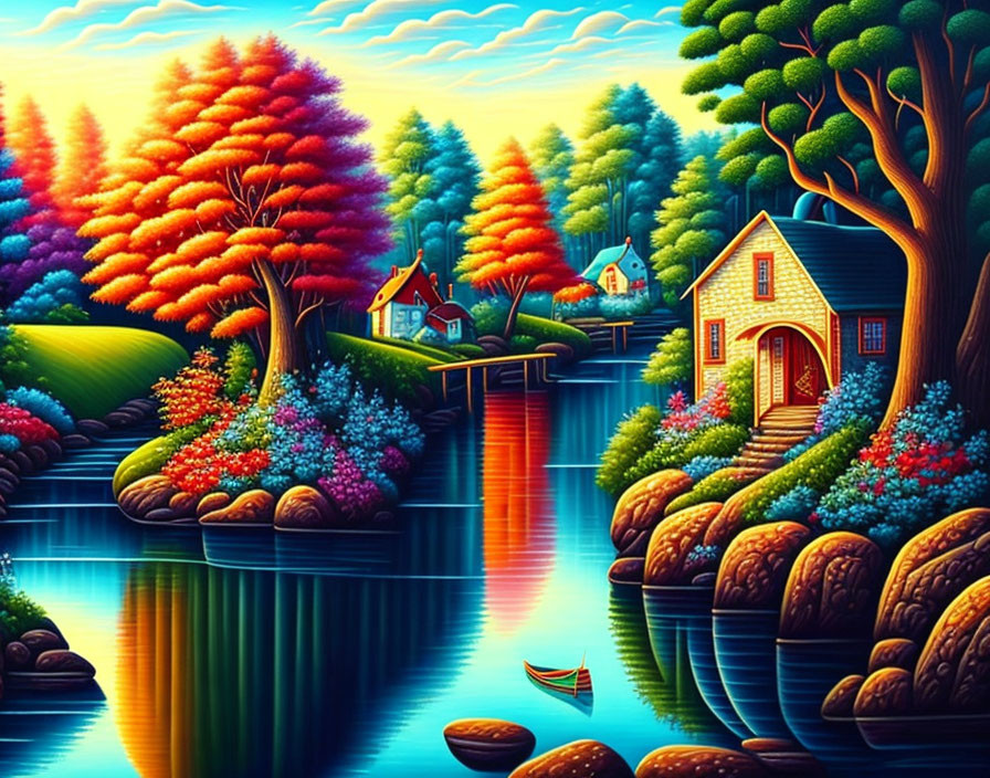 Colorful Landscape with Whimsical Houses, Lush Trees, River, Boat, and Cloudy