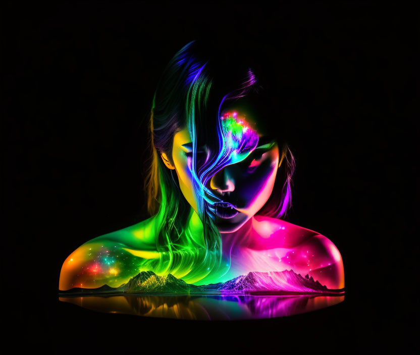 Colorful portrait of a woman with neon paint in cosmic landscape