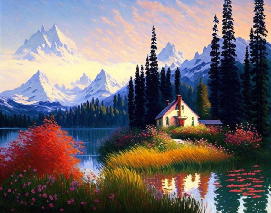 Scenic lakeside painting with cozy cottage and mountains at sunset