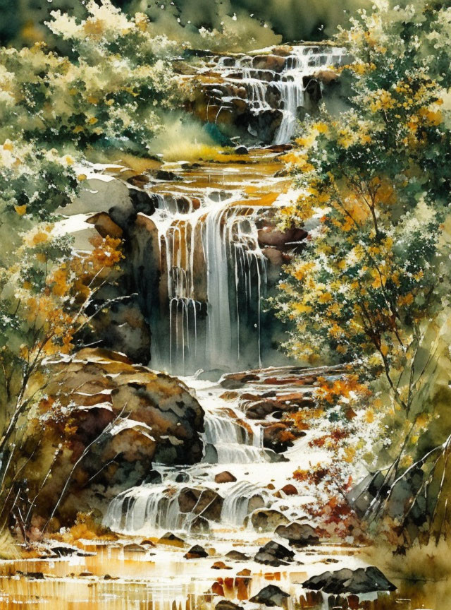 Watercolor painting of cascading waterfall with lush greenery