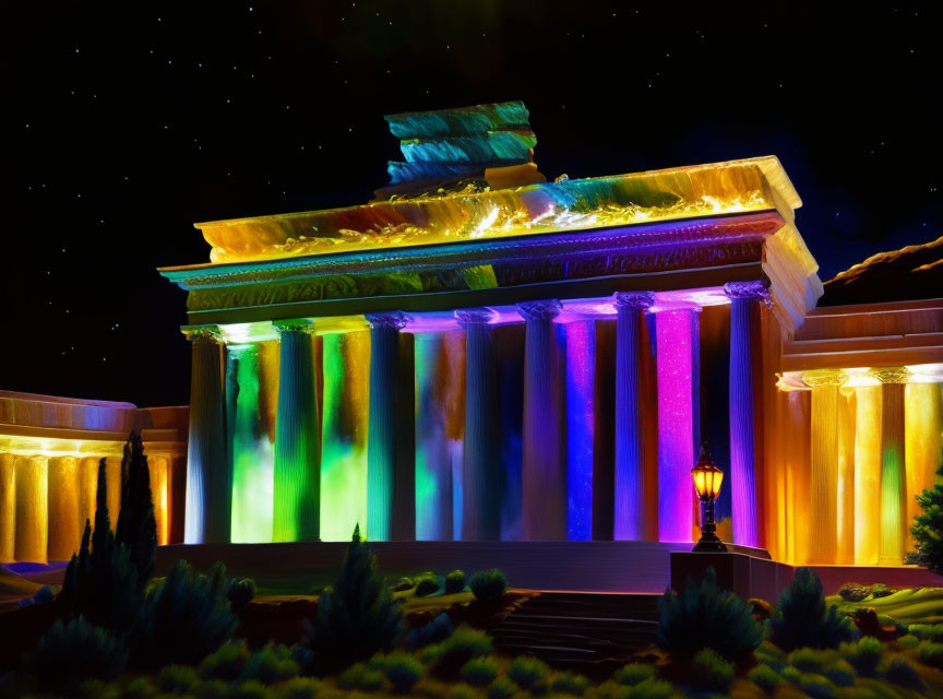 Ancient Temple Illuminated by Rainbow Lights at Night