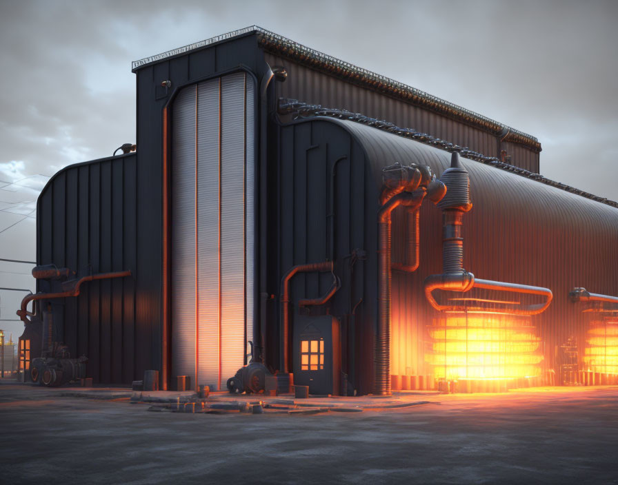 Glowing orange lights illuminate industrial facility at dusk