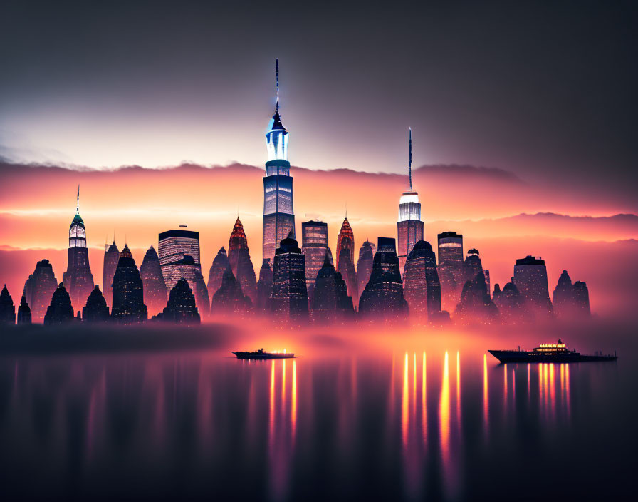 City skyline at dusk: illuminated skyscrapers, water reflections, pink sky gradient.