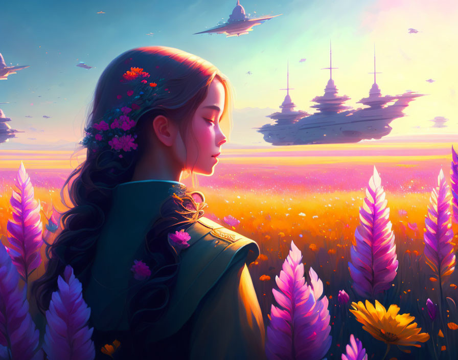 Woman with flowers in hair admires sunset with ships and colorful field