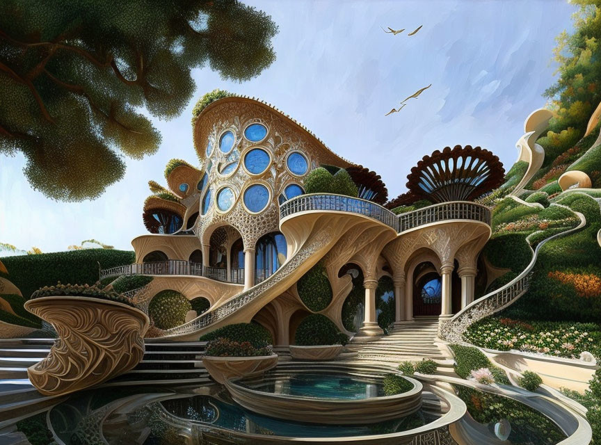 Fantastical organic structure with tree-like features and circular windows amidst lush greenery and flying birds.