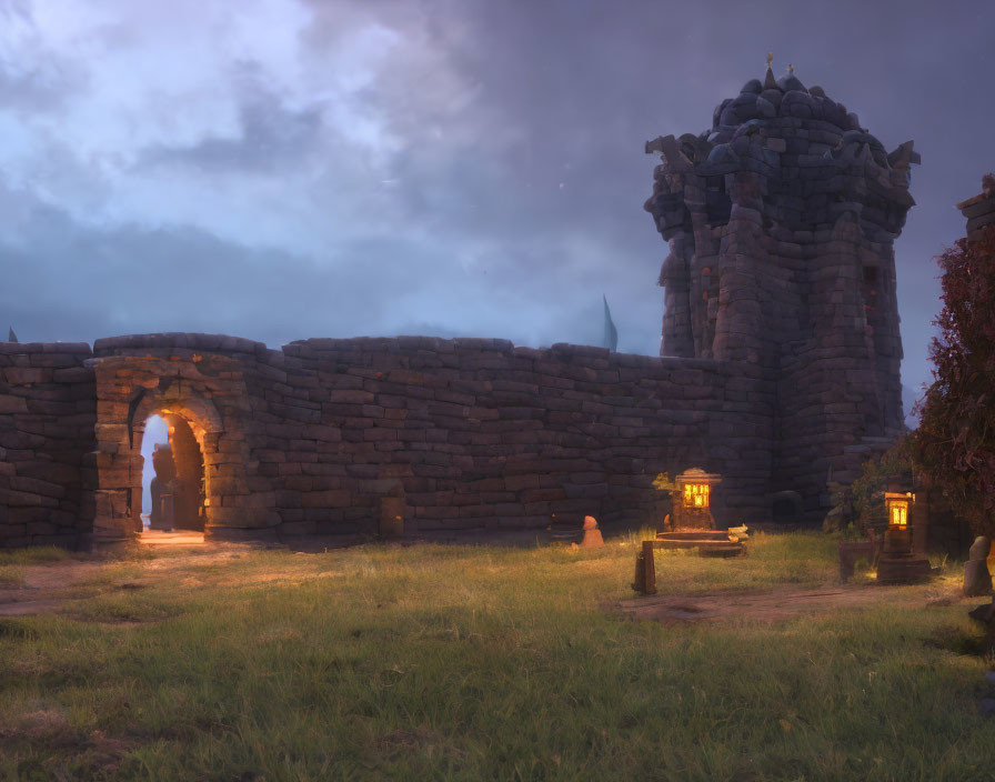 Ancient Stone Castle Illuminated by Lanterns at Dusk