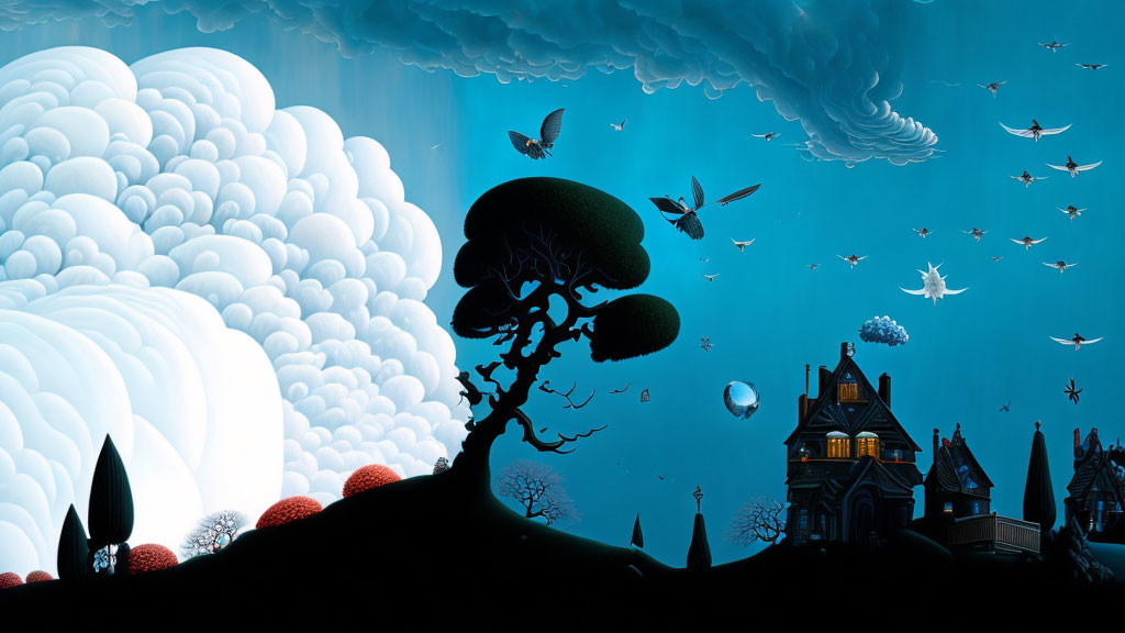 Surreal night landscape with tree, birds, fish, and whimsical house