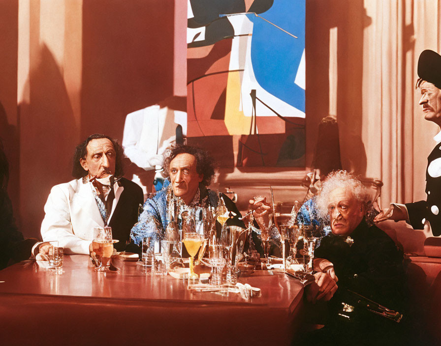 Elderly individuals in formal attire at table with abstract painting