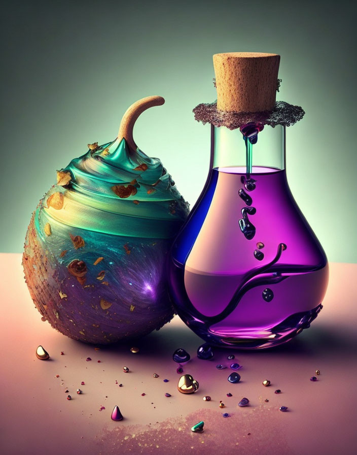 Colorful digital artwork of galaxy-themed potion bottle and magical fruit