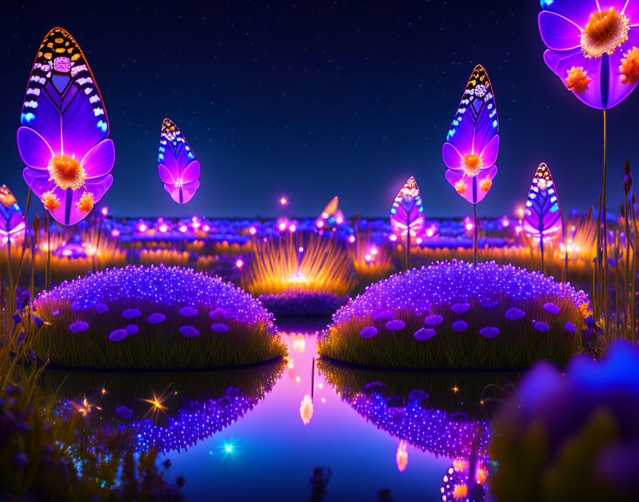 Enchanting Night Scene with Purple Flowers, Glowing Butterflies, and Starry Sky