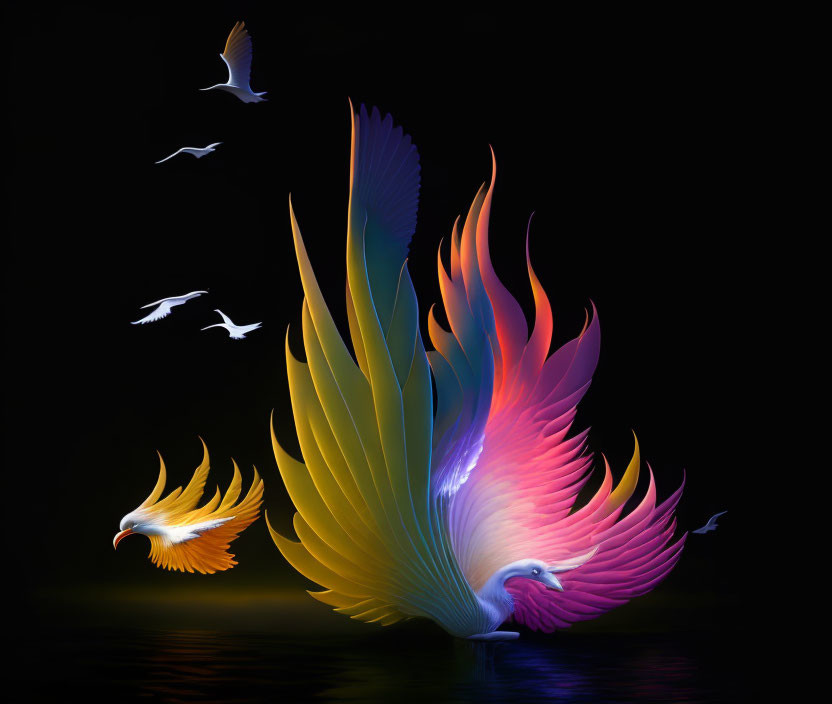 Vibrant digital artwork: Flame-like birds on dark backdrop with seagull silhouettes