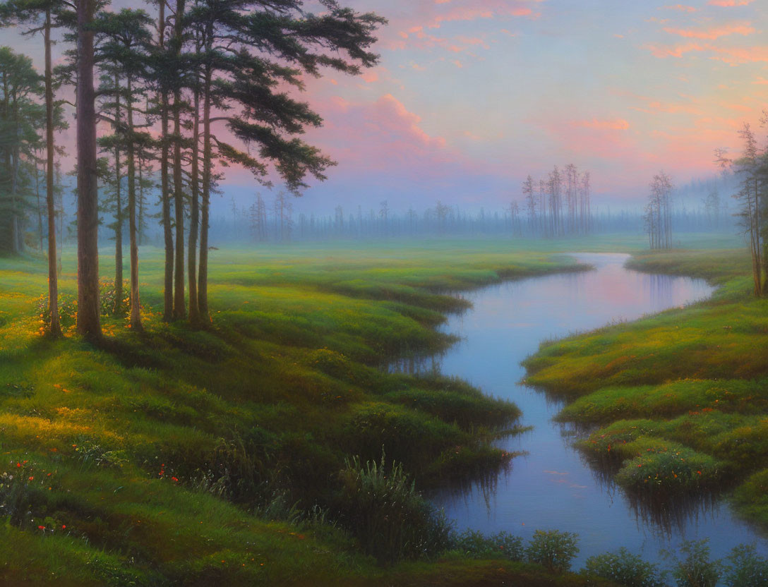 Tranquil landscape painting of serene river in lush meadow