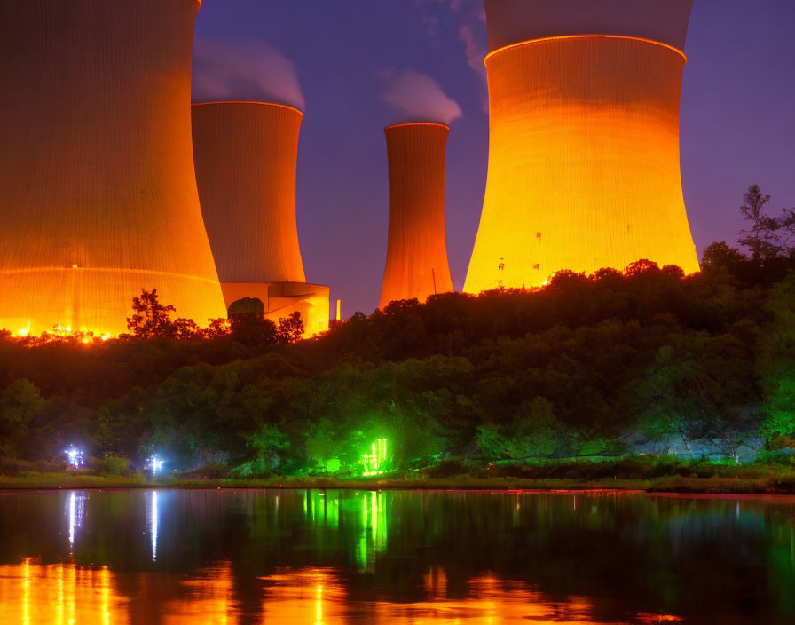 Power Plant Cooling Towers Illuminated at Twilight with Water Reflections