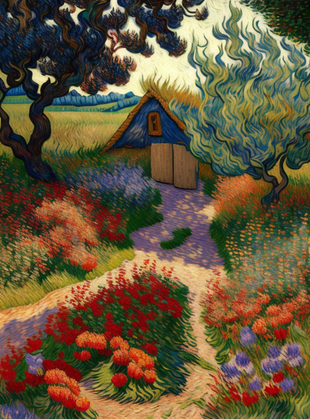 Vibrant swirling sky over cottage with colorful flower path