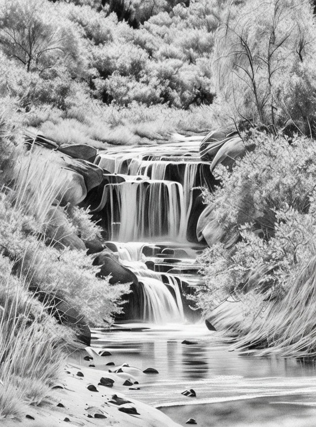 Serene black and white photo of cascading water over rock tiers and lush vegetation