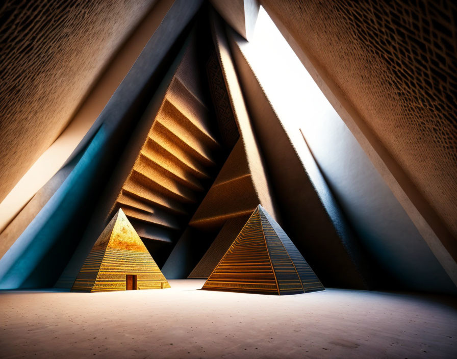 Geometric shapes in abstract interior design with pyramid structures and patterned walls.