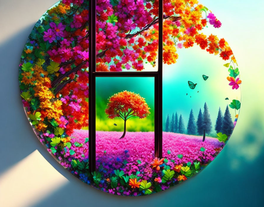 Circular window showcasing vibrant landscape with central tree, flowers, and butterflies.