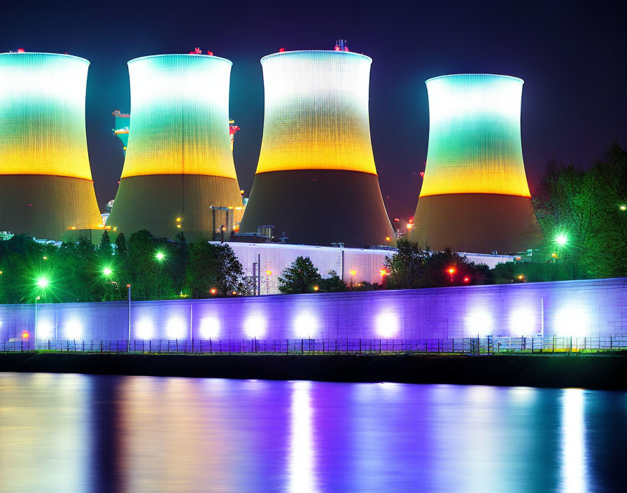 Night view of illuminated nuclear power plant cooling towers with vibrant colors and water reflection