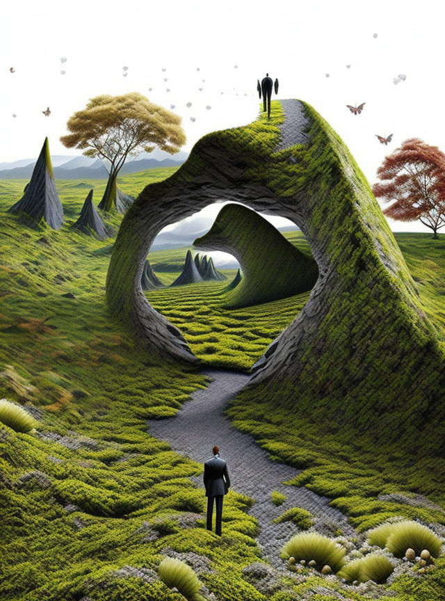 Surreal landscape featuring grass-covered hills, winding path, and tiny human figures