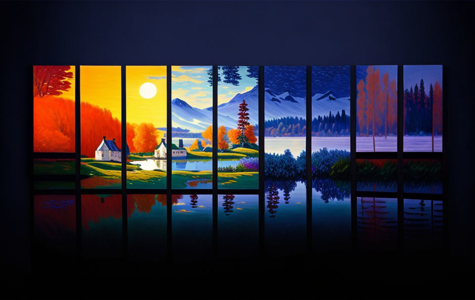 Multiseason landscape painting with changing sceneries from sunset to nighttime.