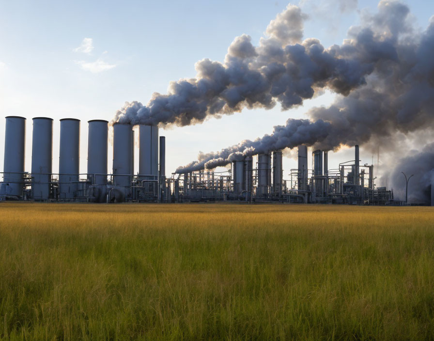 Industrial Facility Emitting Smoke Above Grass Field at Dusk