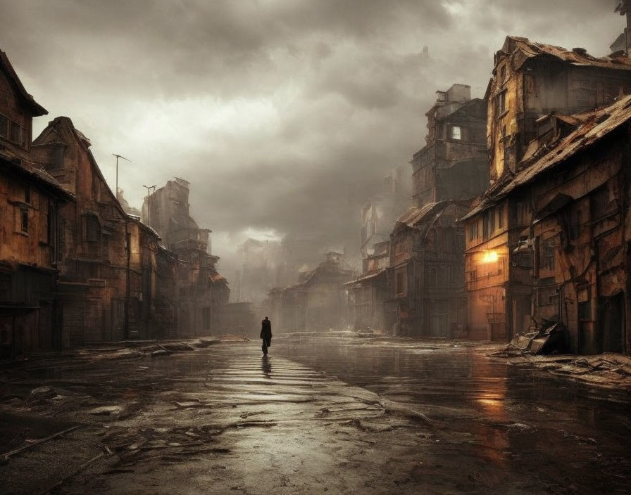 Desolate street scene with solitary figure and dilapidated buildings