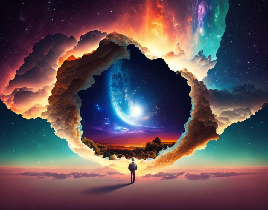 Surreal cosmic portal with heart shape and galactic scene