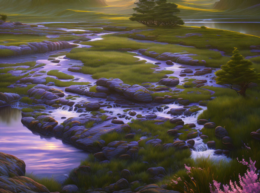 Tranquil twilight landscape with meandering stream, grassy hills, rocks, water reflections, sparse