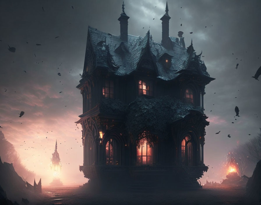 Twilight Gothic-style house with illuminated windows and misty landscape