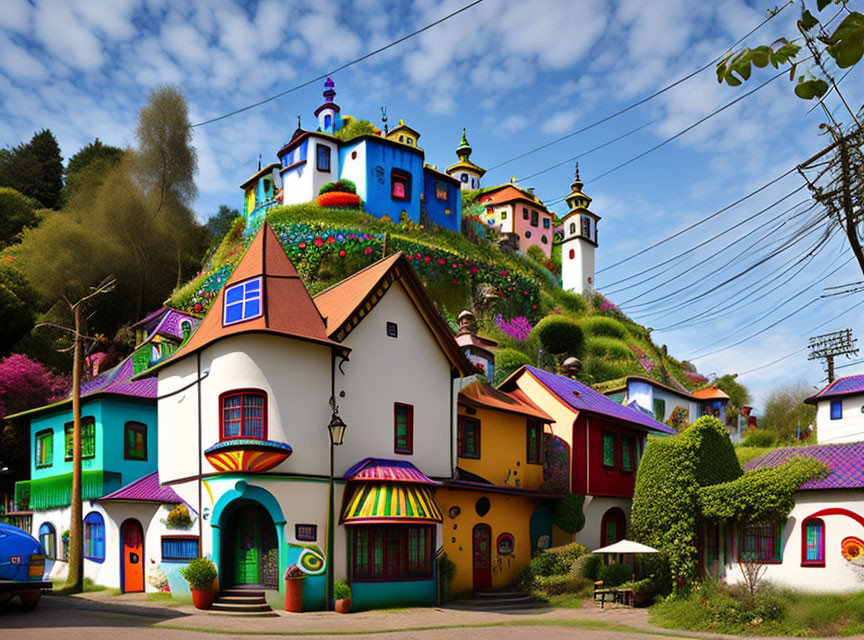 Vibrant buildings with flowers under blue sky on hilly landscape