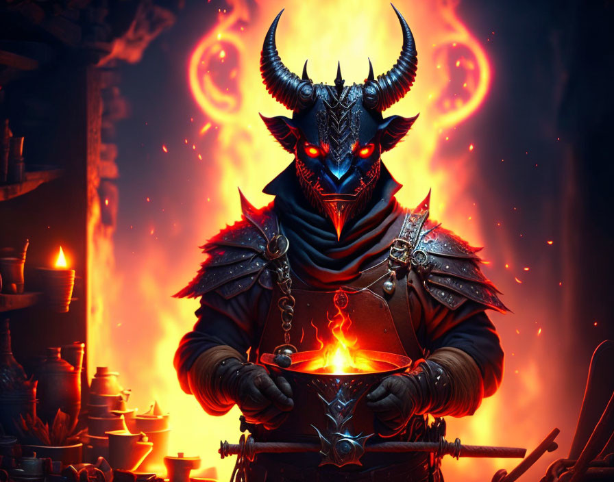 Fantasy artwork of demonic figure with horns and glowing eyes in fiery setting