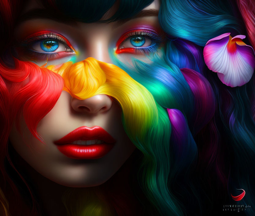 Colorful portrait of woman with multicolored hair and striking makeup