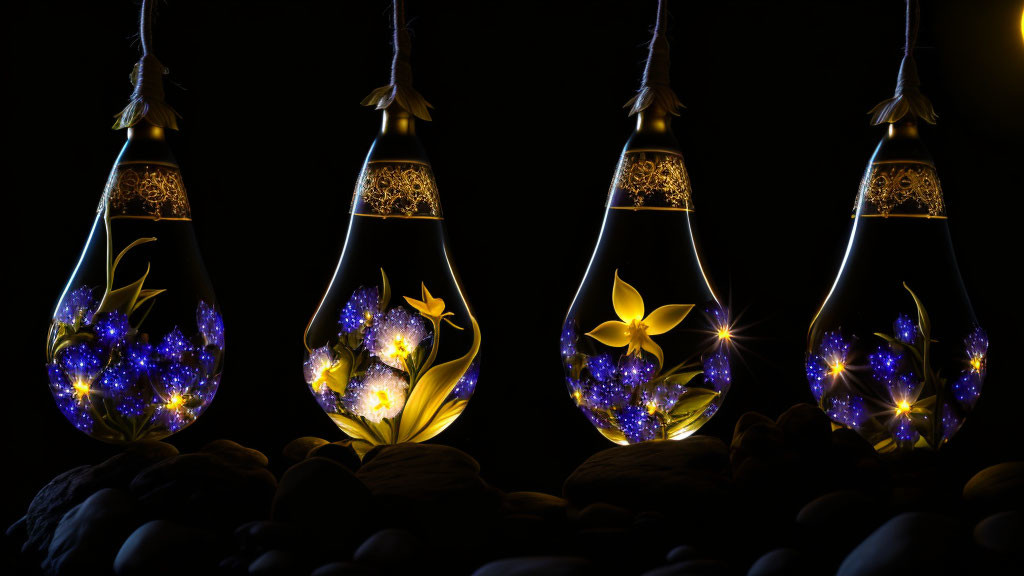 Hanging terrariums with string lights and yellow flowers on dark background