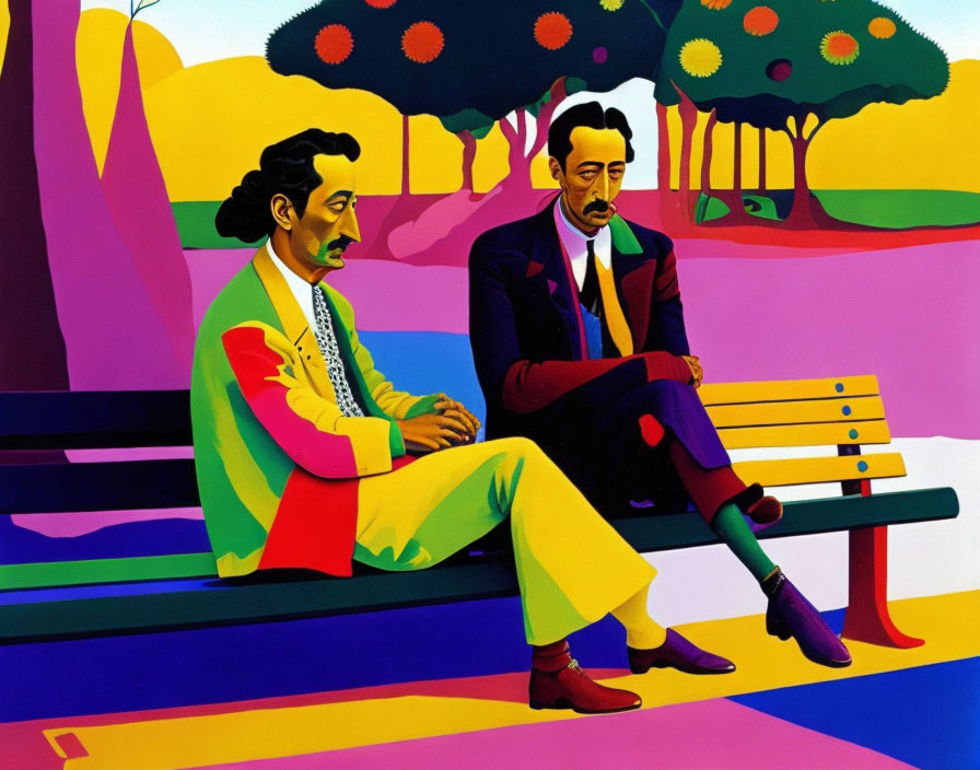 Vibrant men in colorful suits on bench in park with abstract trees