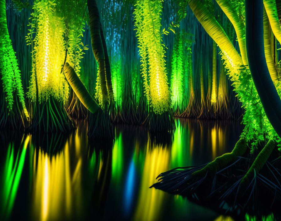 Enchanted forest scene with neon lights and serene water reflections